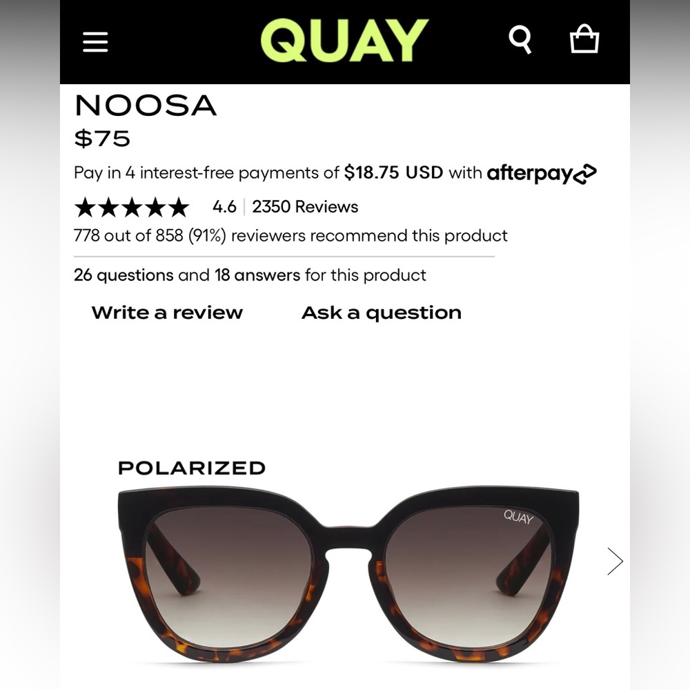 Excellent condition Quay Noosa Black Tortoise/Brown Polarized sunglasses